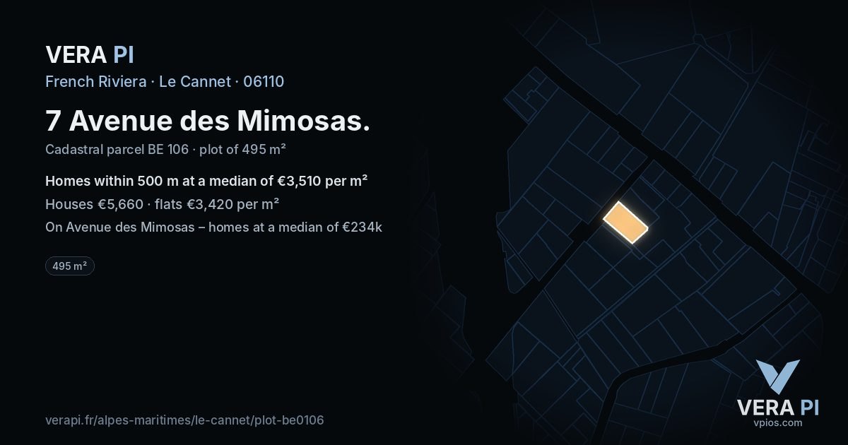 7 Avenue des Mimosas, Le Cannet at night – the plot lit, the parcels around coloured by the prices near them