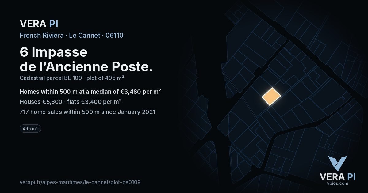 6 Impasse de l’Ancienne Poste, Le Cannet at night – the plot lit, the parcels around coloured by the prices near them