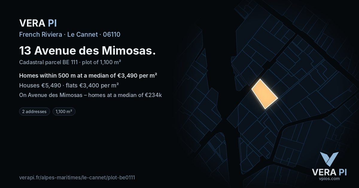 13 Avenue des Mimosas, Le Cannet at night – the plot lit, the parcels around coloured by the prices near them