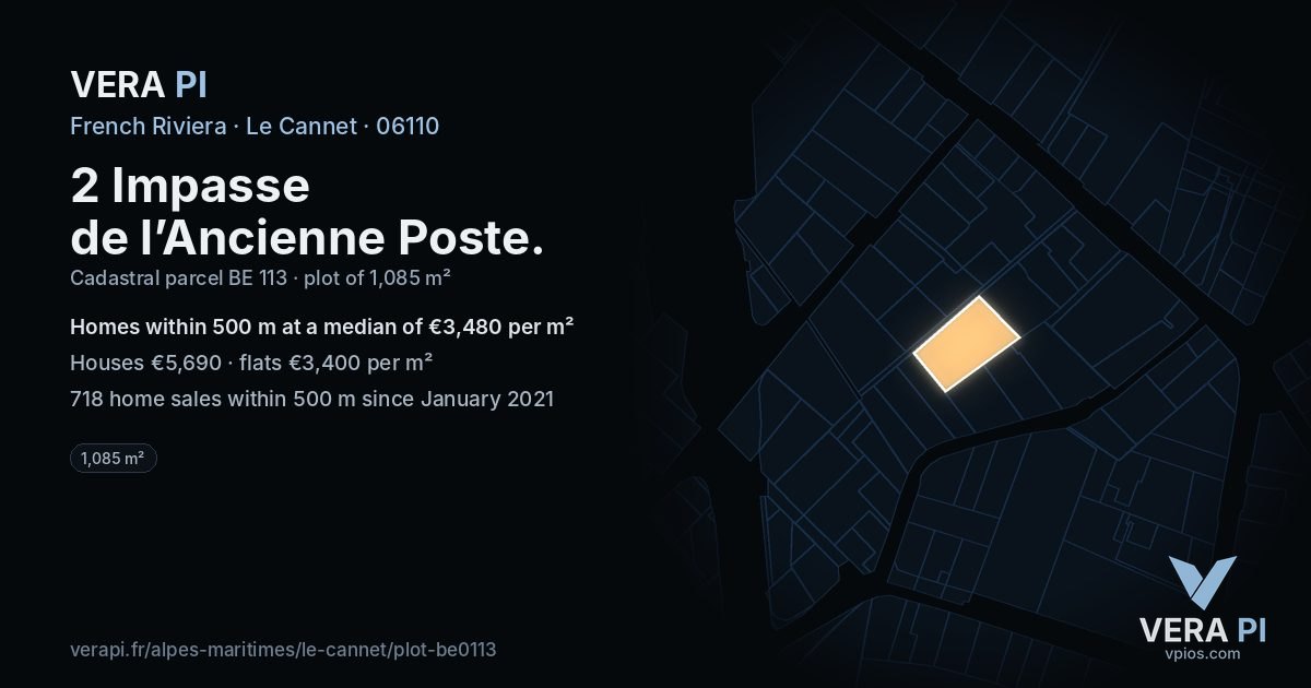 2 Impasse de l’Ancienne Poste, Le Cannet at night – the plot lit, the parcels around coloured by the prices near them