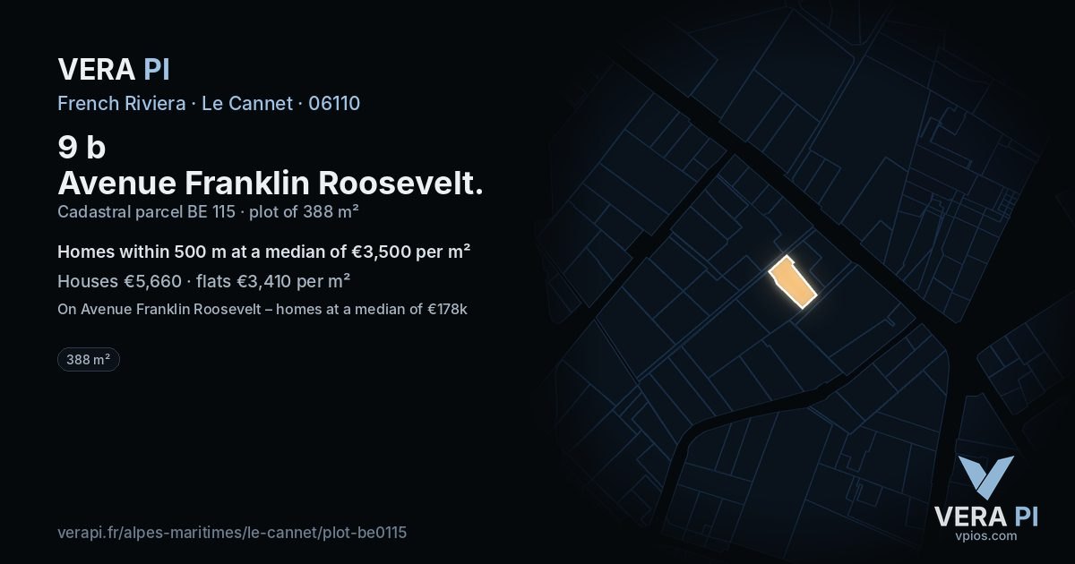 9 b Avenue Franklin Roosevelt, Le Cannet at night – the plot lit, the parcels around coloured by the prices near them