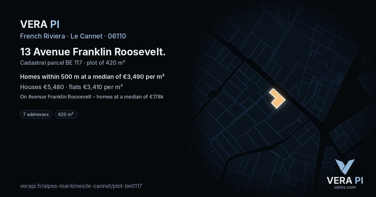 13 Avenue Franklin Roosevelt, Le Cannet at night – the plot lit, the parcels around coloured by the prices near them