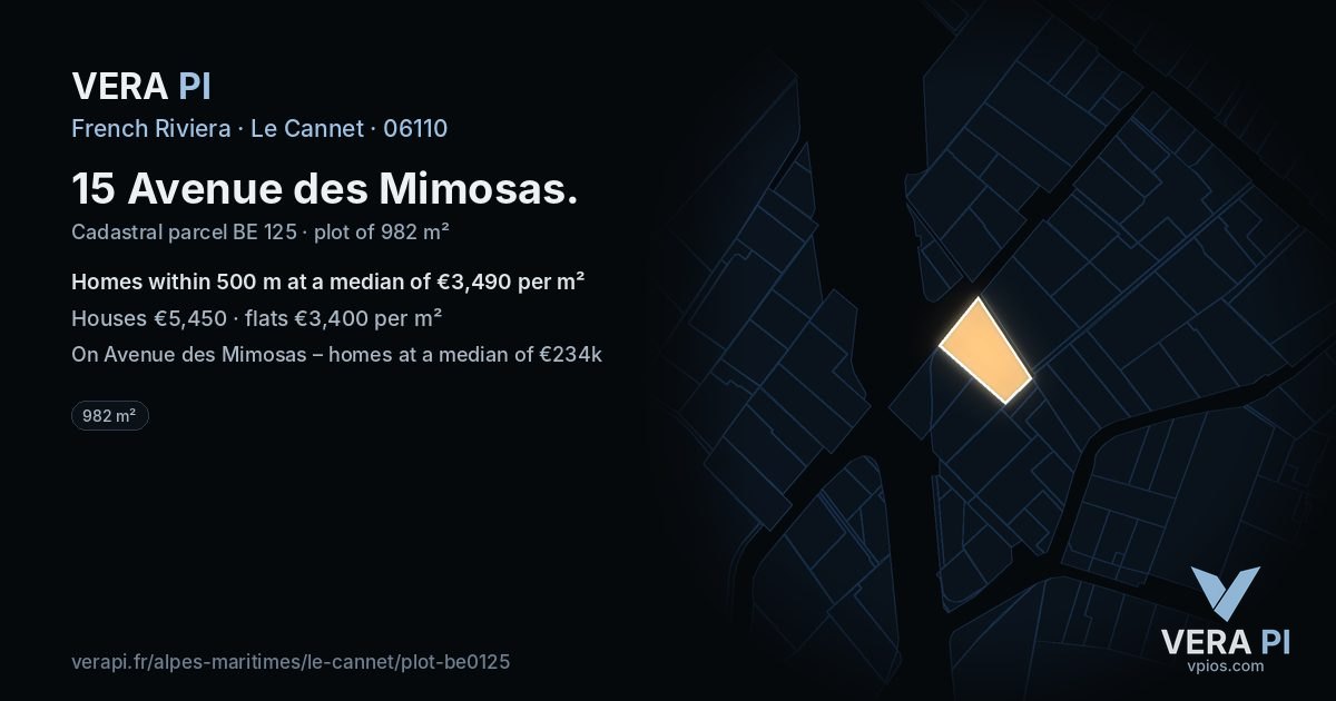 15 Avenue des Mimosas, Le Cannet at night – the plot lit, the parcels around coloured by the prices near them