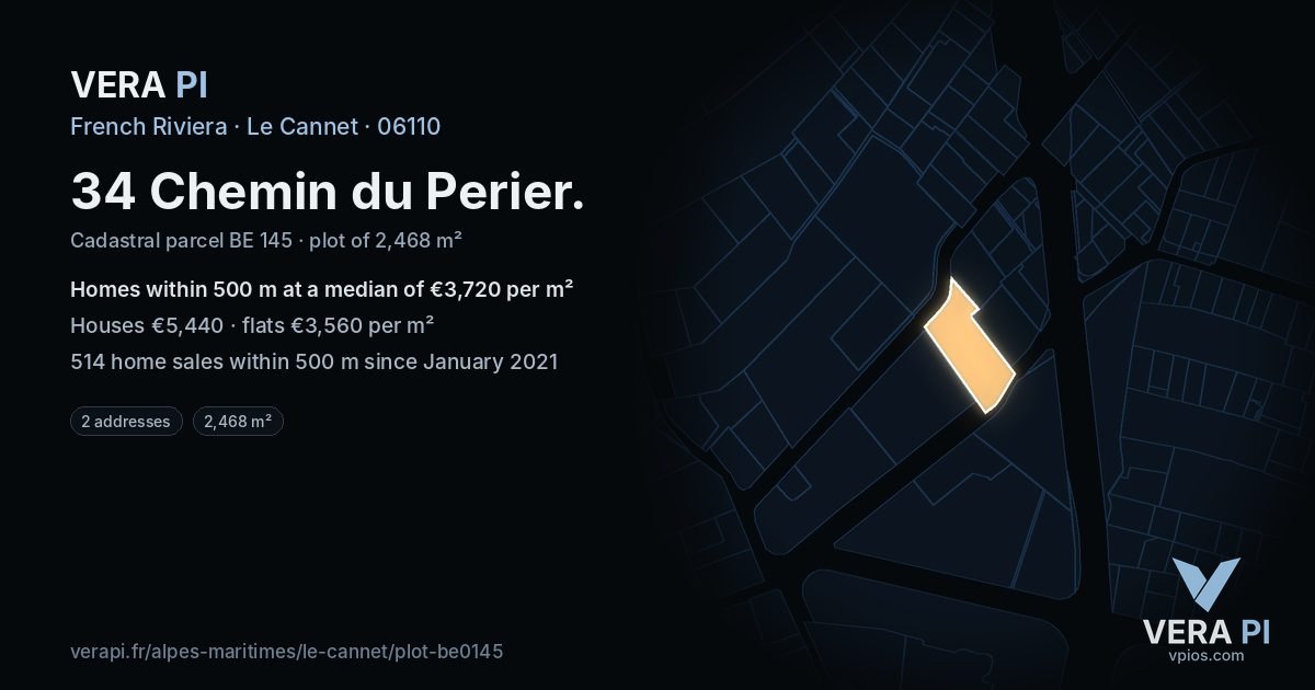34 Chemin du Perier, Le Cannet at night – the plot lit, the parcels around coloured by the prices near them