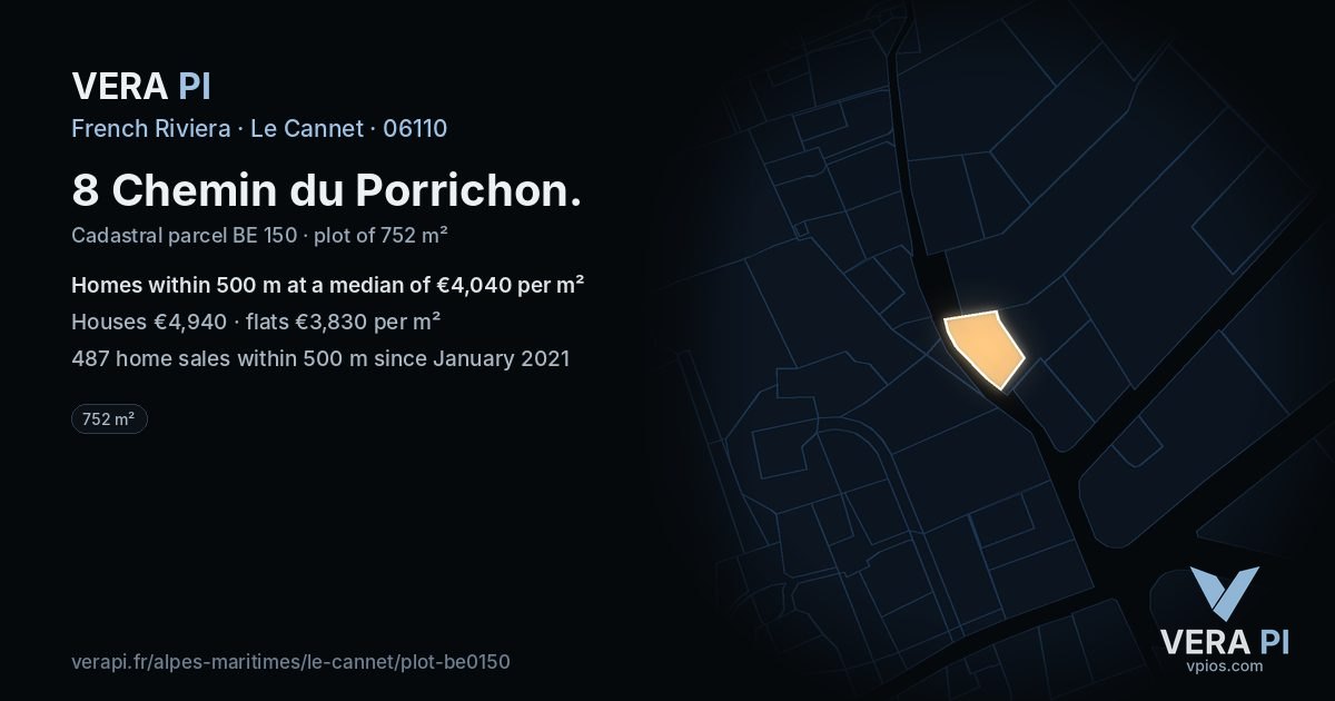 8 Chemin du Porrichon, Le Cannet at night – the plot lit, the parcels around coloured by the prices near them