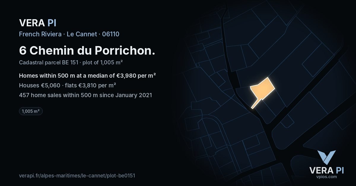 6 Chemin du Porrichon, Le Cannet at night – the plot lit, the parcels around coloured by the prices near them