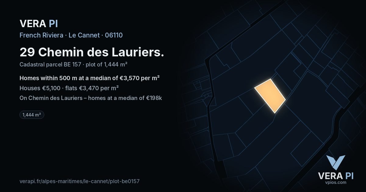 29 Chemin des Lauriers, Le Cannet at night – the plot lit, the parcels around coloured by the prices near them