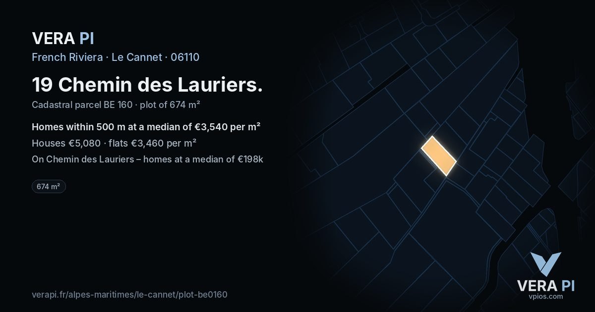 19 Chemin des Lauriers, Le Cannet at night – the plot lit, the parcels around coloured by the prices near them