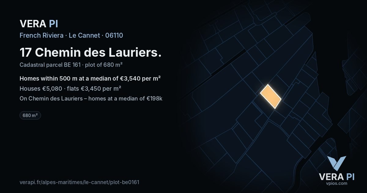 17 Chemin des Lauriers, Le Cannet at night – the plot lit, the parcels around coloured by the prices near them