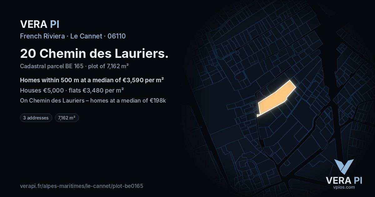 20 Chemin des Lauriers, Le Cannet at night – the plot lit, the parcels around coloured by the prices near them
