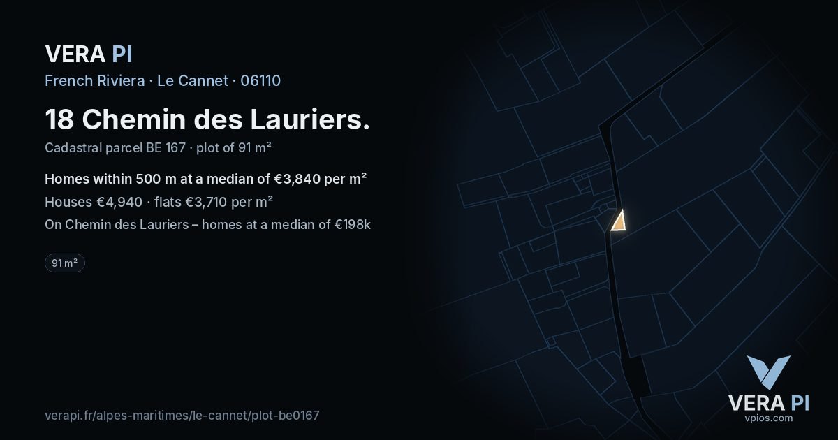 18 Chemin des Lauriers, Le Cannet at night – the plot lit, the parcels around coloured by the prices near them