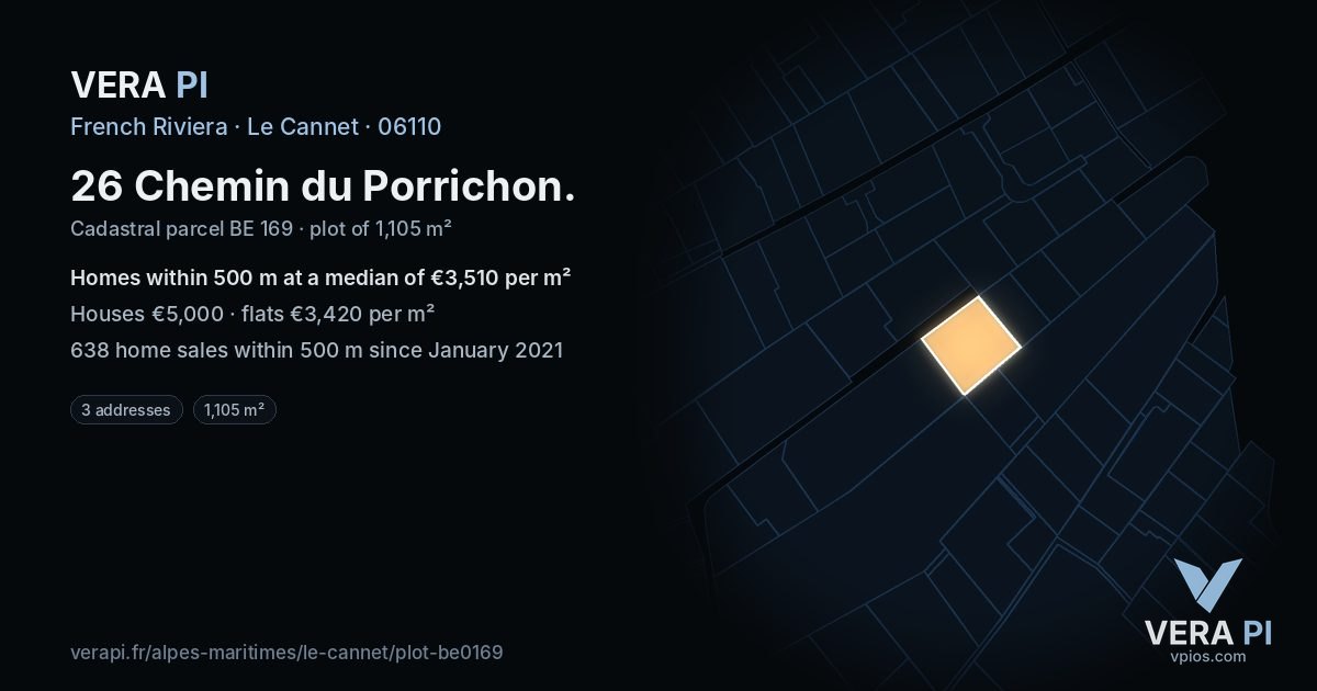 26 Chemin du Porrichon, Le Cannet at night – the plot lit, the parcels around coloured by the prices near them