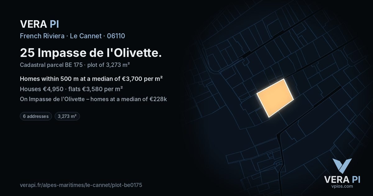 25 Impasse de l'Olivette, Le Cannet at night – the plot lit, the parcels around coloured by the prices near them
