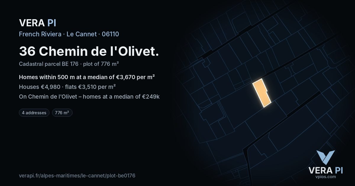 36 Chemin de l'Olivet, Le Cannet at night – the plot lit, the parcels around coloured by the prices near them