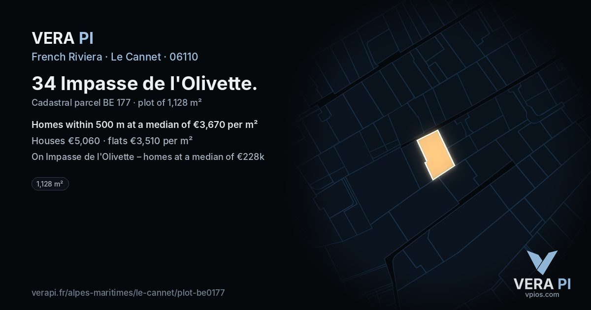 34 Impasse de l'Olivette, Le Cannet at night – the plot lit, the parcels around coloured by the prices near them