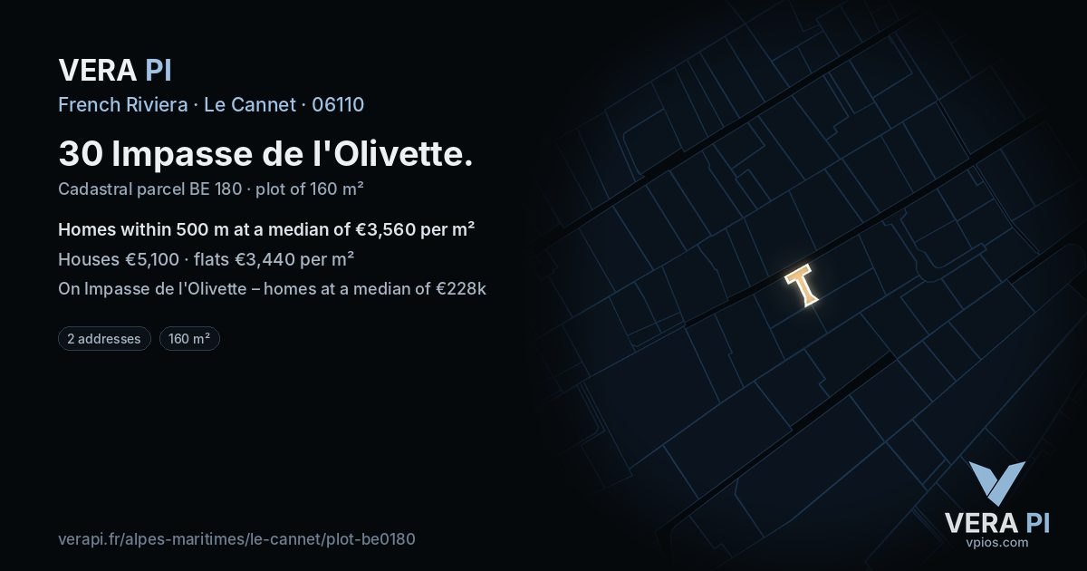 30 Impasse de l'Olivette, Le Cannet at night – the plot lit, the parcels around coloured by the prices near them