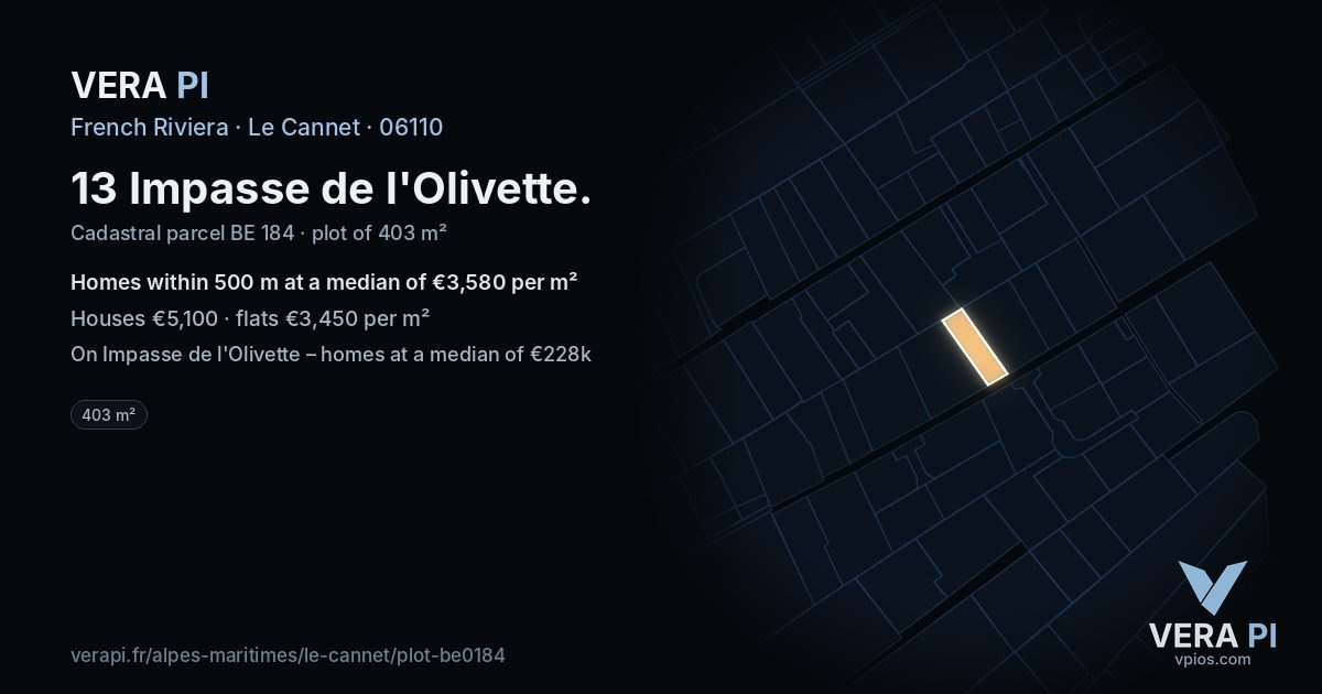 13 Impasse de l'Olivette, Le Cannet at night – the plot lit, the parcels around coloured by the prices near them