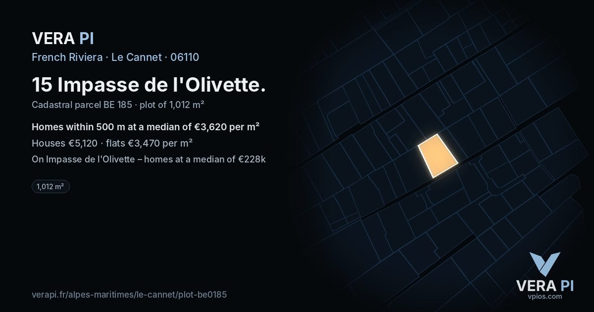 15 Impasse de l'Olivette, Le Cannet at night – the plot lit, the parcels around coloured by the prices near them
