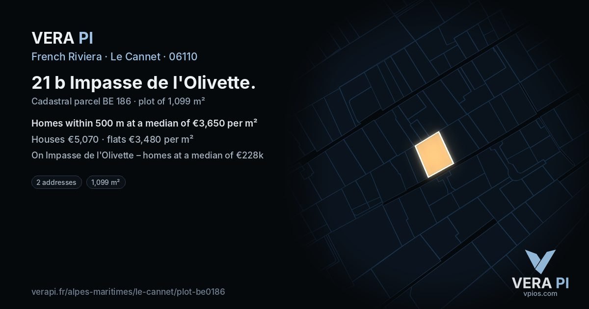 21 b Impasse de l'Olivette, Le Cannet at night – the plot lit, the parcels around coloured by the prices near them