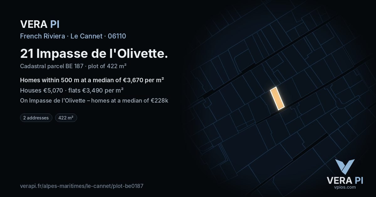 21 Impasse de l'Olivette, Le Cannet at night – the plot lit, the parcels around coloured by the prices near them