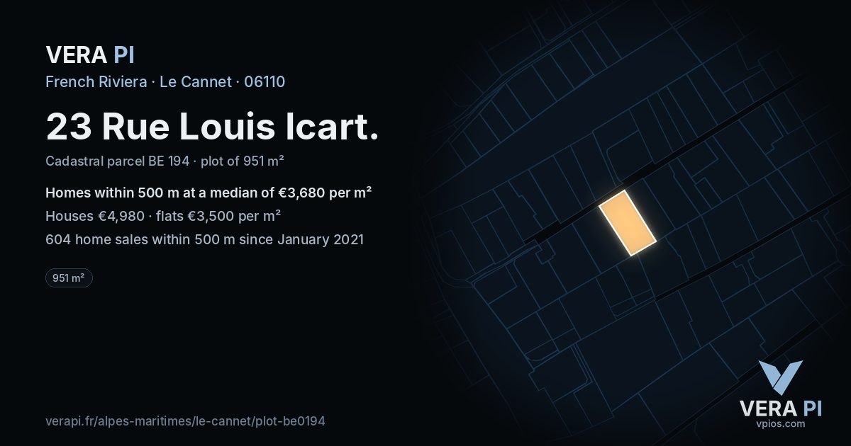 23 Rue Louis Icart, Le Cannet at night – the plot lit, the parcels around coloured by the prices near them