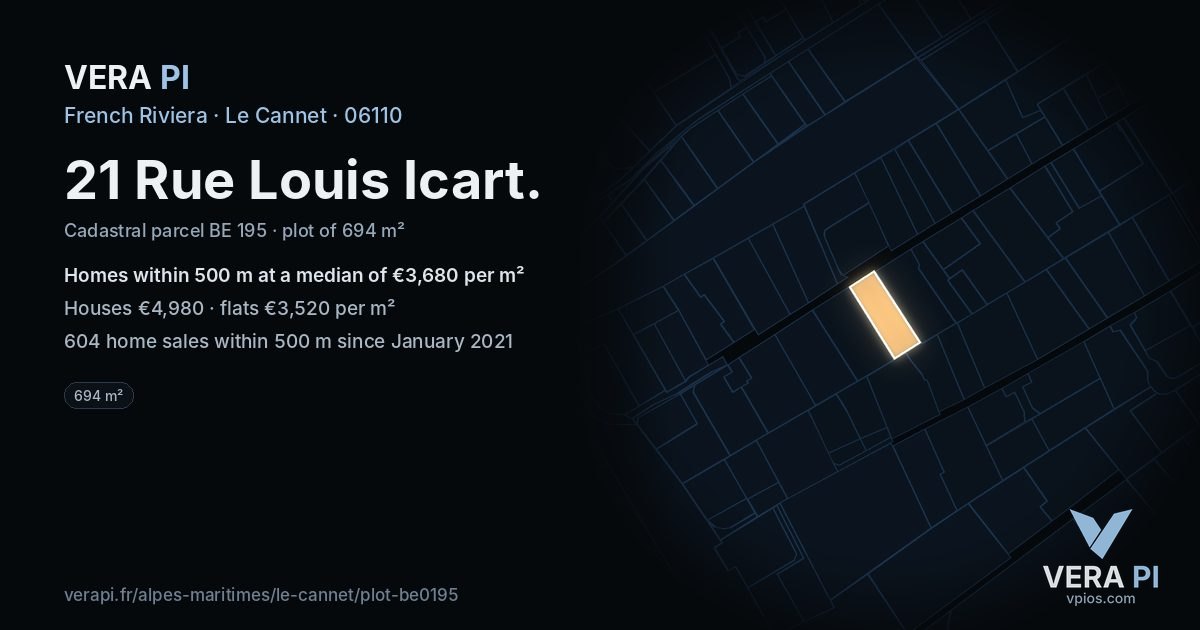21 Rue Louis Icart, Le Cannet at night – the plot lit, the parcels around coloured by the prices near them