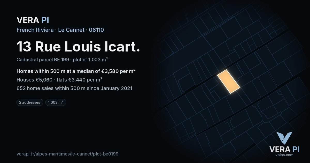 13 Rue Louis Icart, Le Cannet at night – the plot lit, the parcels around coloured by the prices near them
