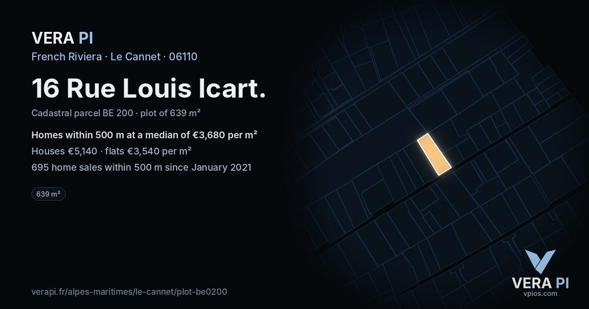 16 Rue Louis Icart, Le Cannet at night – the plot lit, the parcels around coloured by the prices near them
