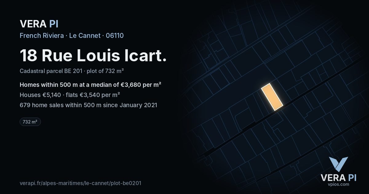18 Rue Louis Icart, Le Cannet at night – the plot lit, the parcels around coloured by the prices near them