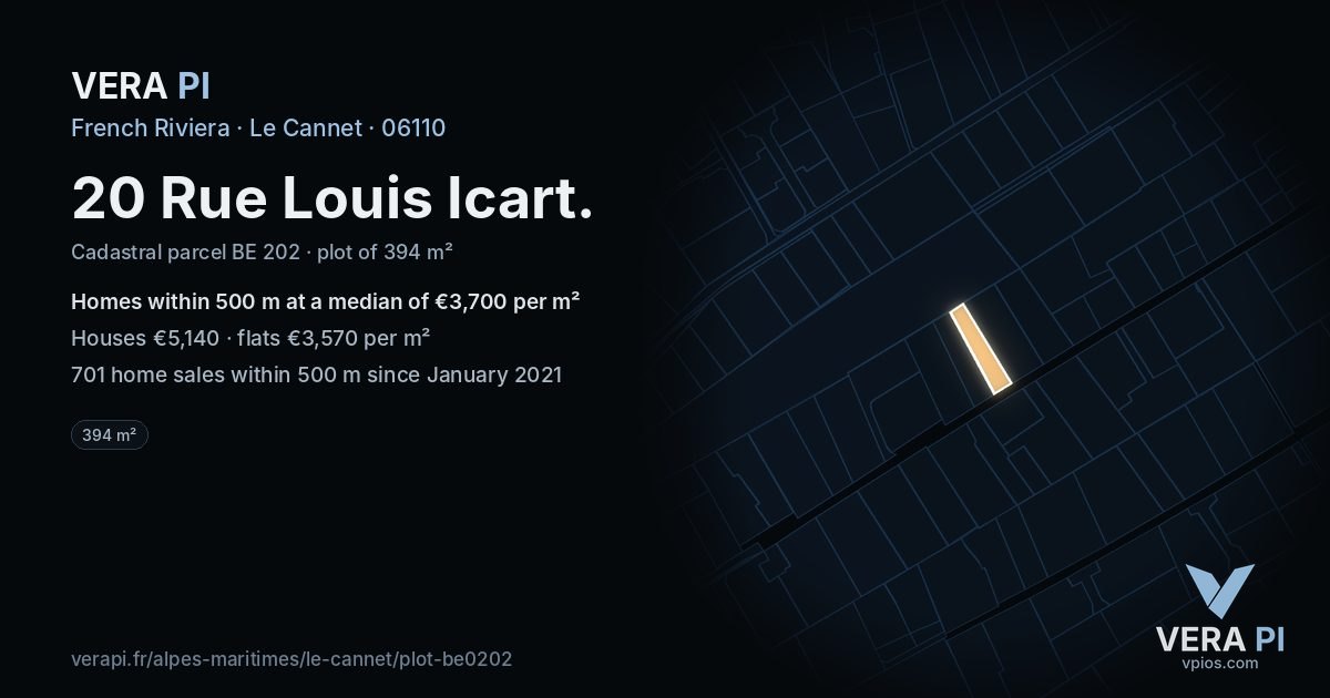 20 Rue Louis Icart, Le Cannet at night – the plot lit, the parcels around coloured by the prices near them