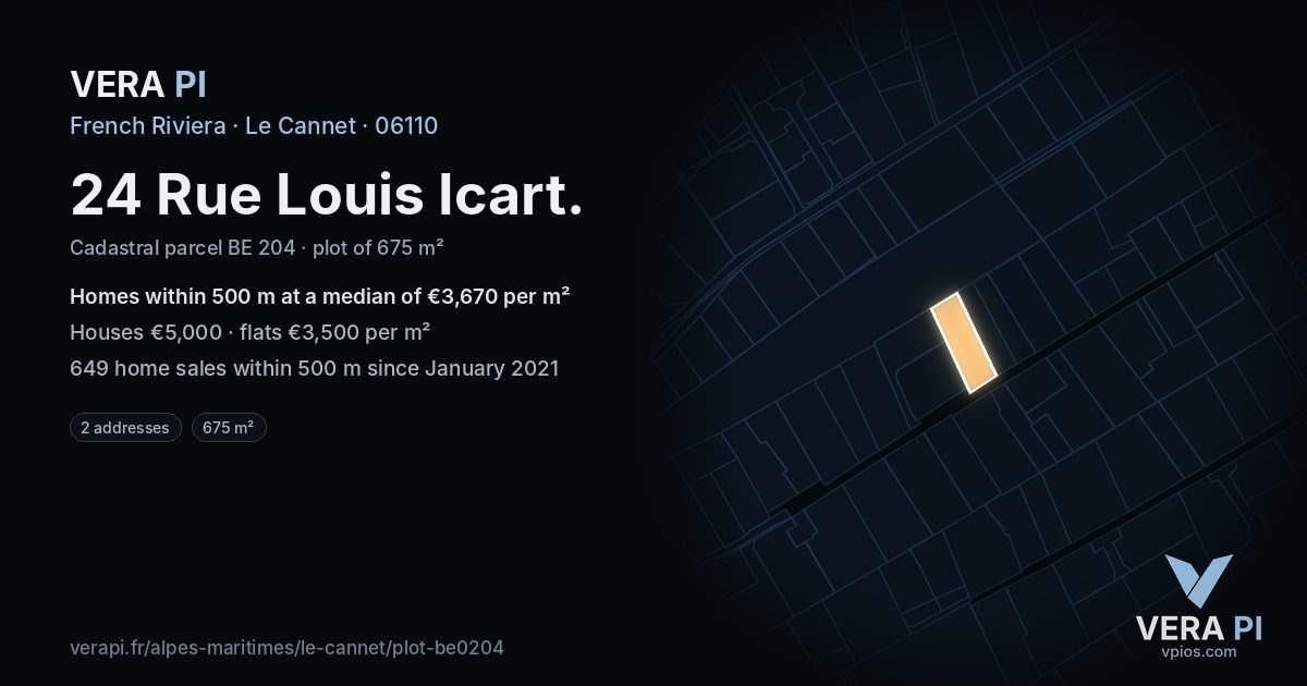 24 Rue Louis Icart, Le Cannet at night – the plot lit, the parcels around coloured by the prices near them