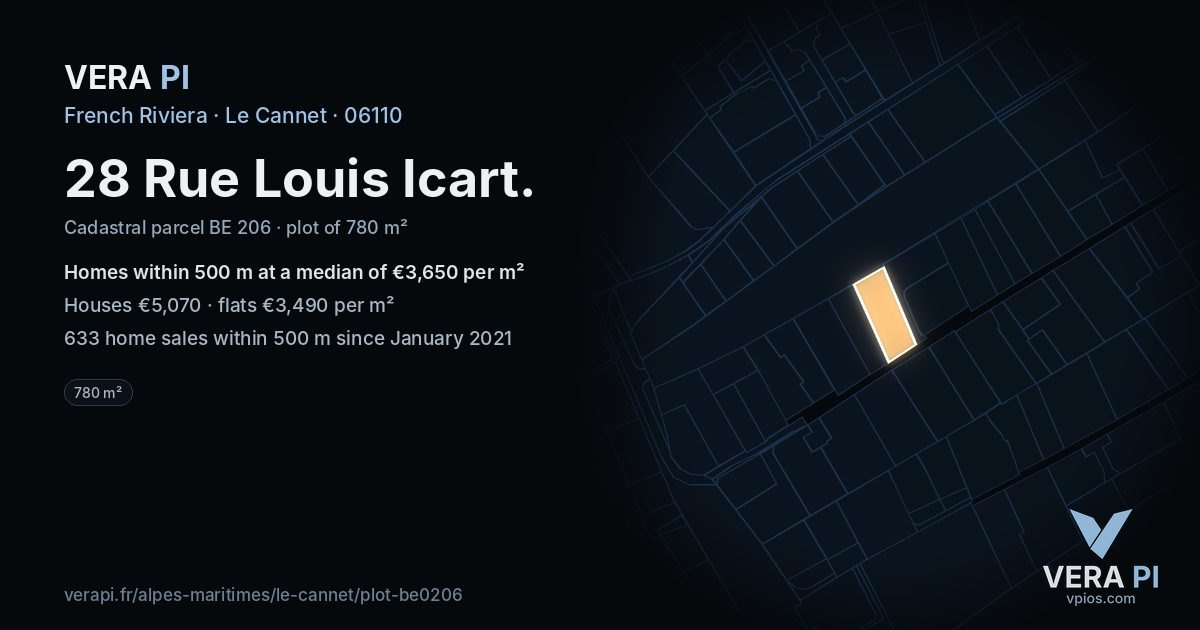 28 Rue Louis Icart, Le Cannet at night – the plot lit, the parcels around coloured by the prices near them