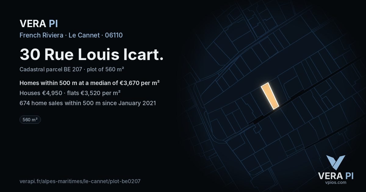 30 Rue Louis Icart, Le Cannet at night – the plot lit, the parcels around coloured by the prices near them