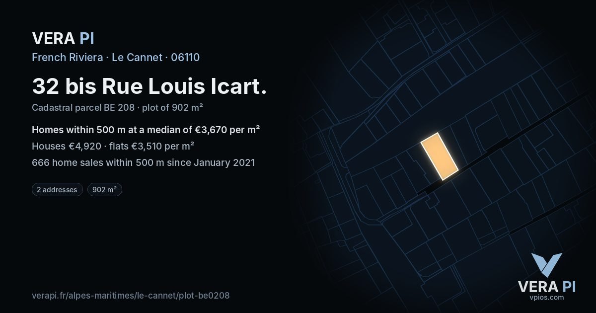 32 bis Rue Louis Icart, Le Cannet at night – the plot lit, the parcels around coloured by the prices near them