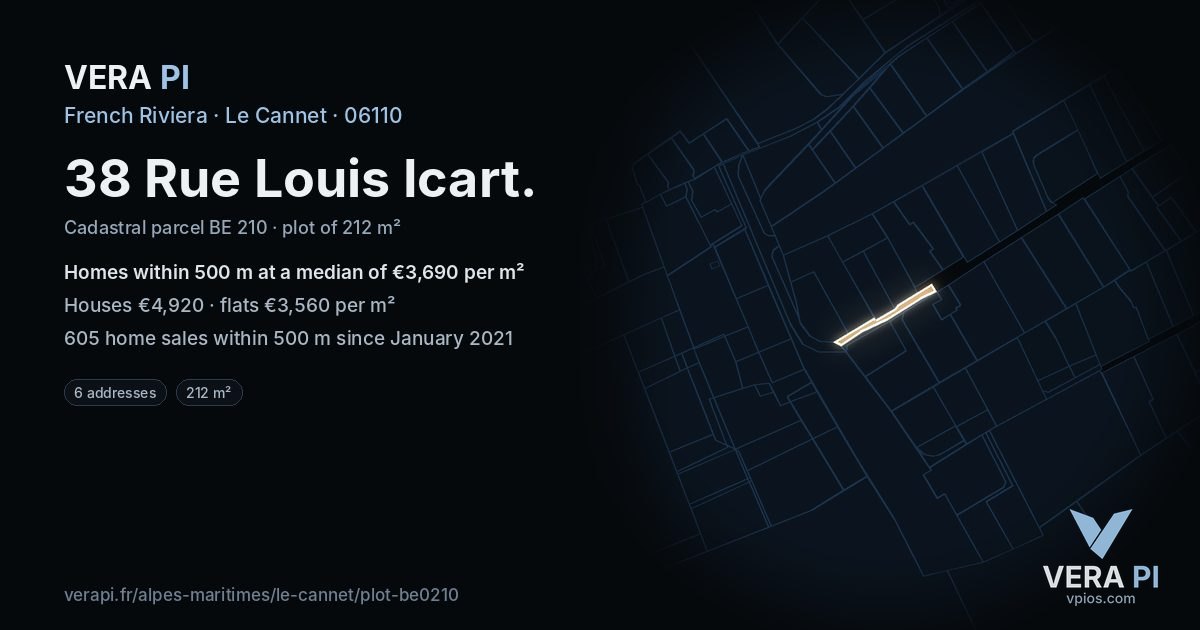 38 Rue Louis Icart, Le Cannet at night – the plot lit, the parcels around coloured by the prices near them