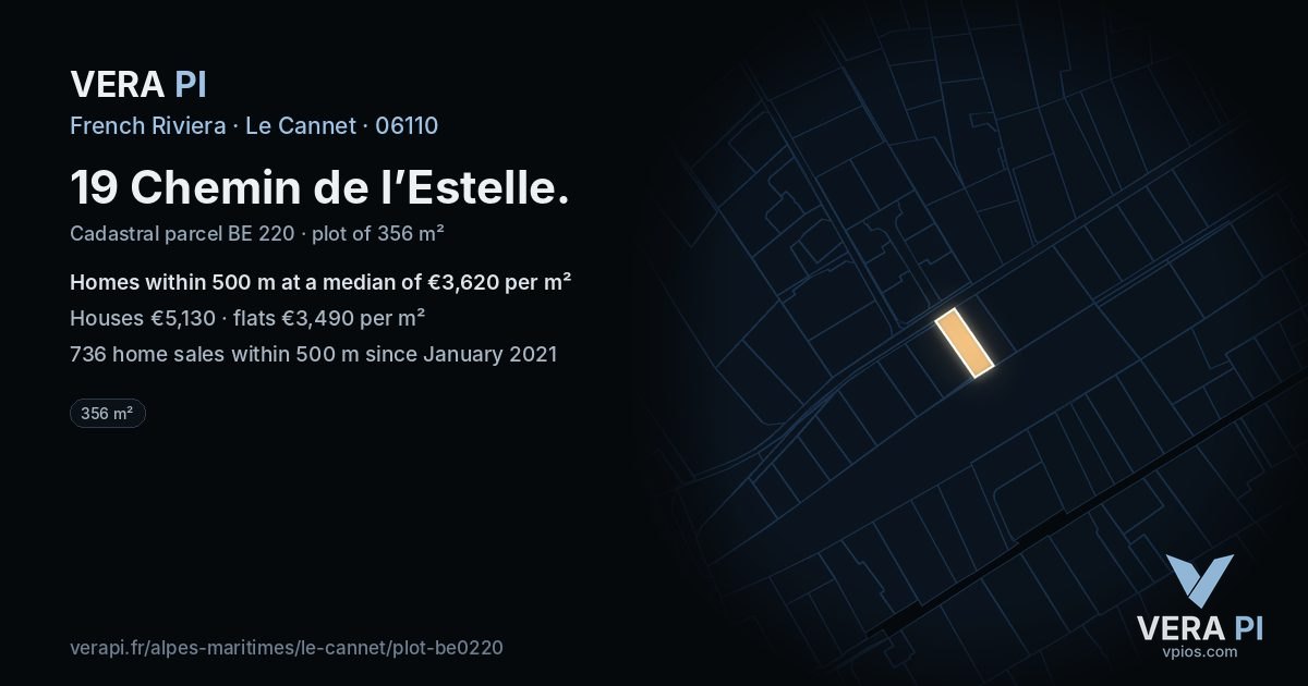 19 Chemin de l’Estelle, Le Cannet at night – the plot lit, the parcels around coloured by the prices near them