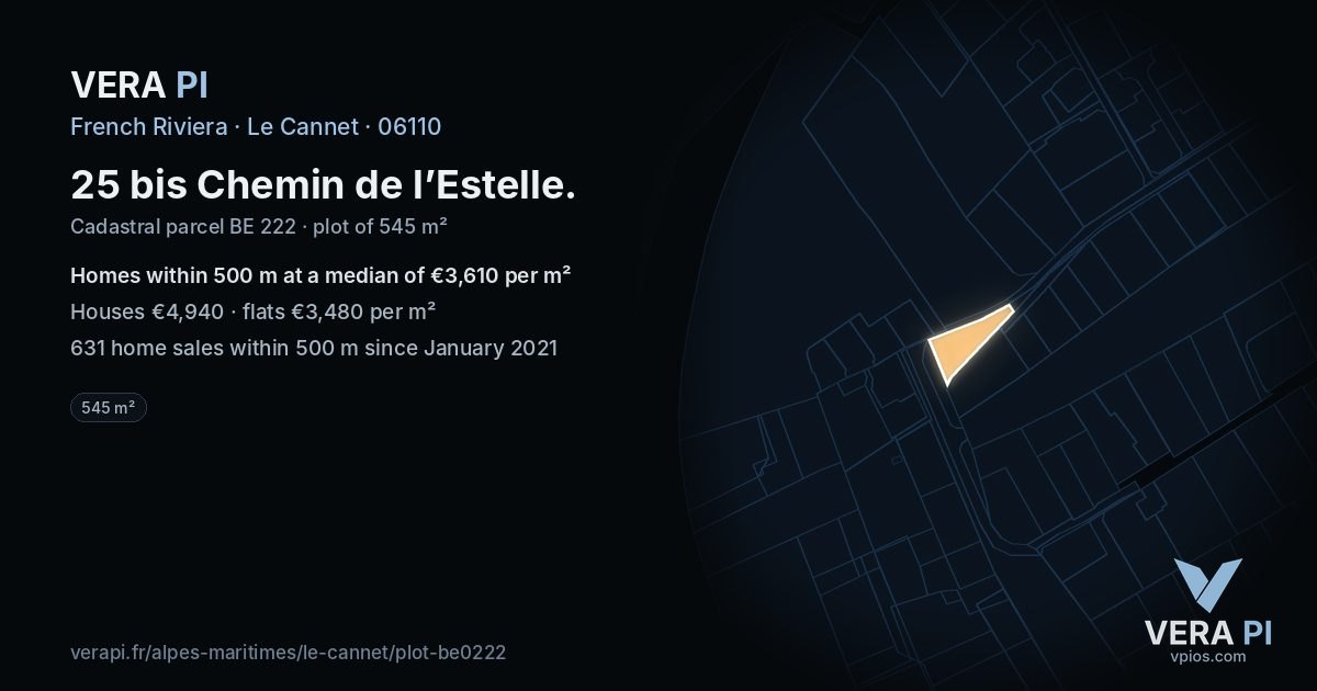 25 bis Chemin de l’Estelle, Le Cannet at night – the plot lit, the parcels around coloured by the prices near them
