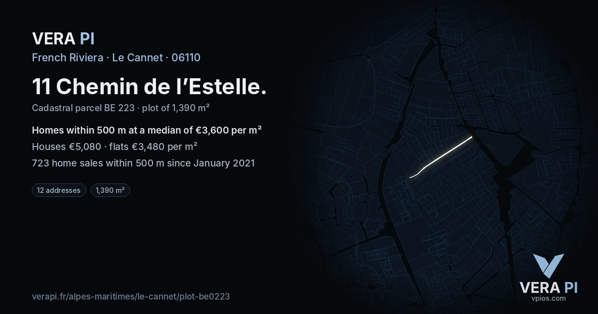 11 Chemin de l’Estelle, Le Cannet at night – the plot lit, the parcels around coloured by the prices near them