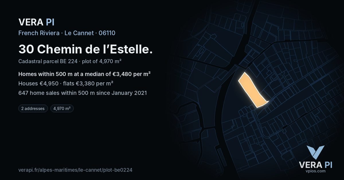 30 Chemin de l’Estelle, Le Cannet at night – the plot lit, the parcels around coloured by the prices near them