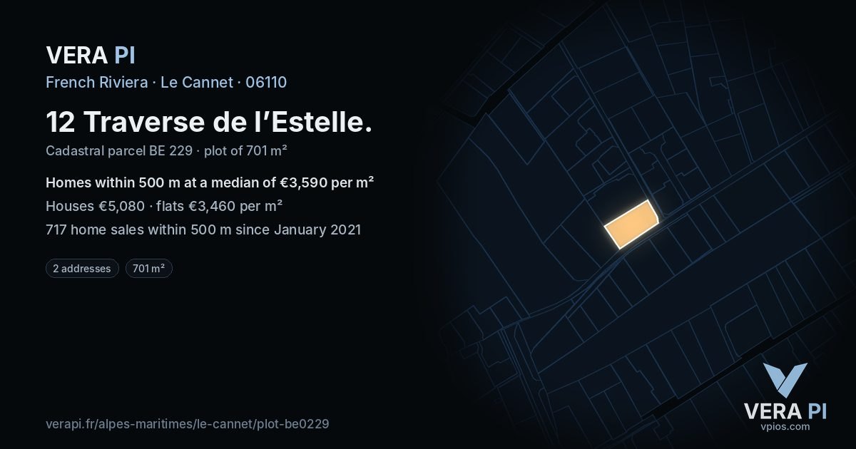 12 Traverse de l’Estelle, Le Cannet at night – the plot lit, the parcels around coloured by the prices near them
