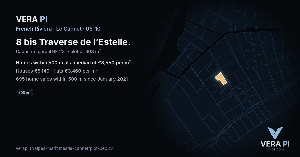 8 bis Traverse de l’Estelle, Le Cannet at night – the plot lit, the parcels around coloured by the prices near them