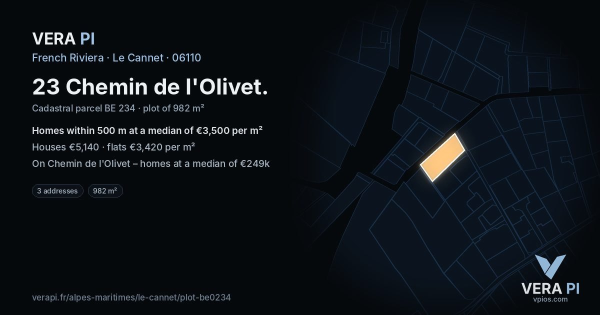 23 Chemin de l'Olivet, Le Cannet at night – the plot lit, the parcels around coloured by the prices near them