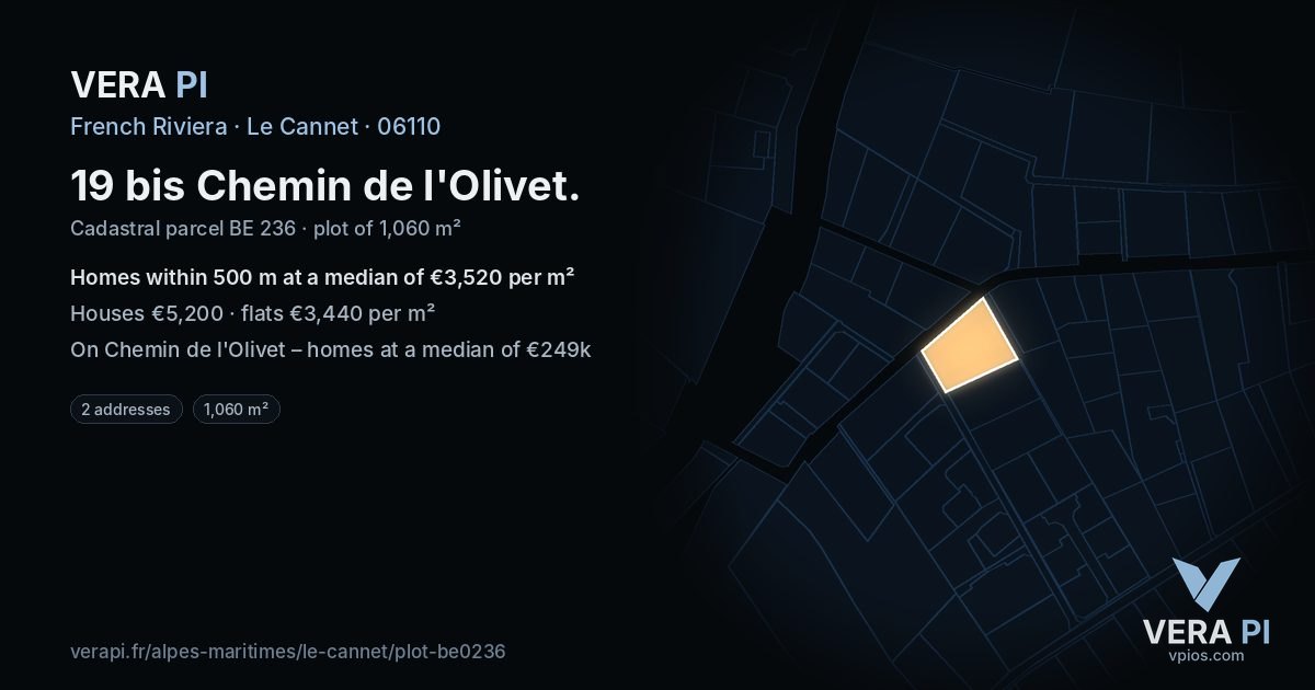 19 bis Chemin de l'Olivet, Le Cannet at night – the plot lit, the parcels around coloured by the prices near them