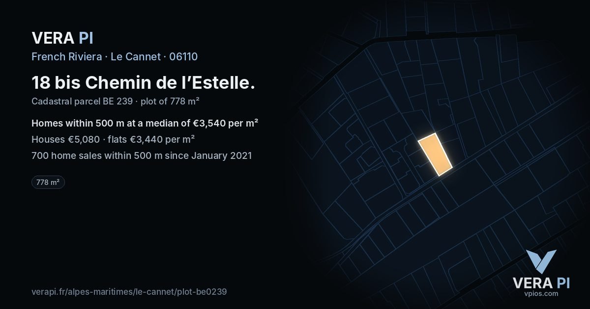 18 bis Chemin de l’Estelle, Le Cannet at night – the plot lit, the parcels around coloured by the prices near them