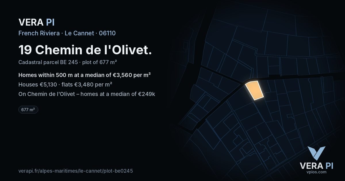 19 Chemin de l'Olivet, Le Cannet at night – the plot lit, the parcels around coloured by the prices near them