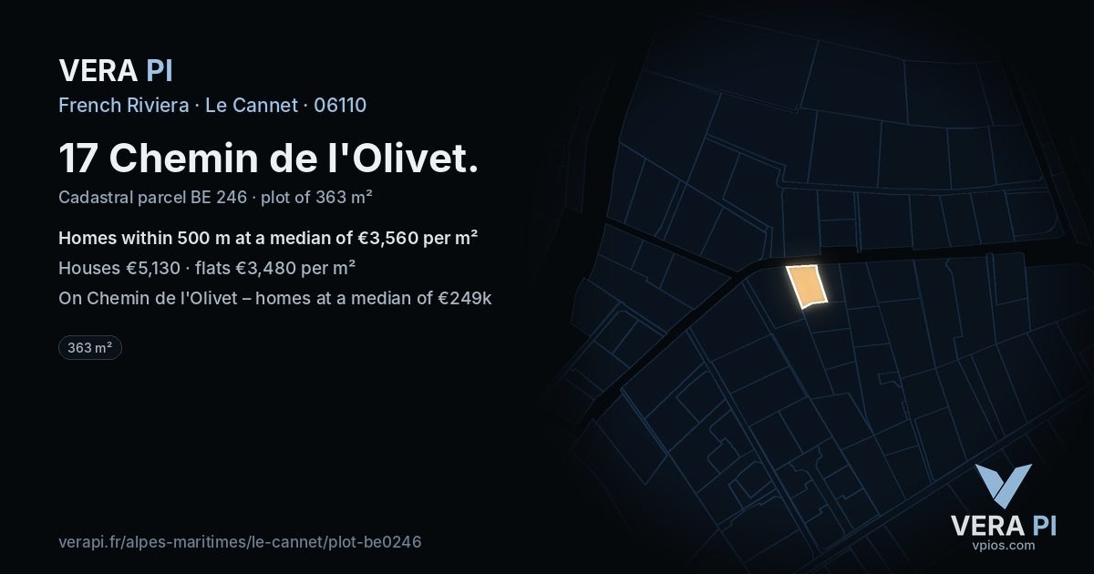 17 Chemin de l'Olivet, Le Cannet at night – the plot lit, the parcels around coloured by the prices near them