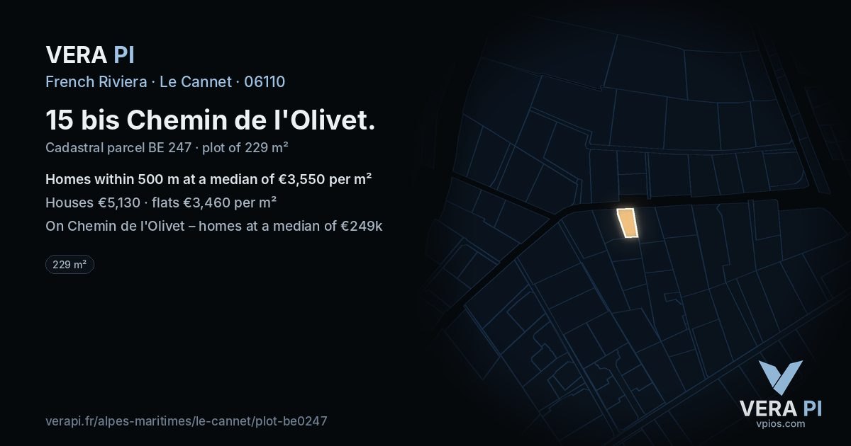 15 bis Chemin de l'Olivet, Le Cannet at night – the plot lit, the parcels around coloured by the prices near them