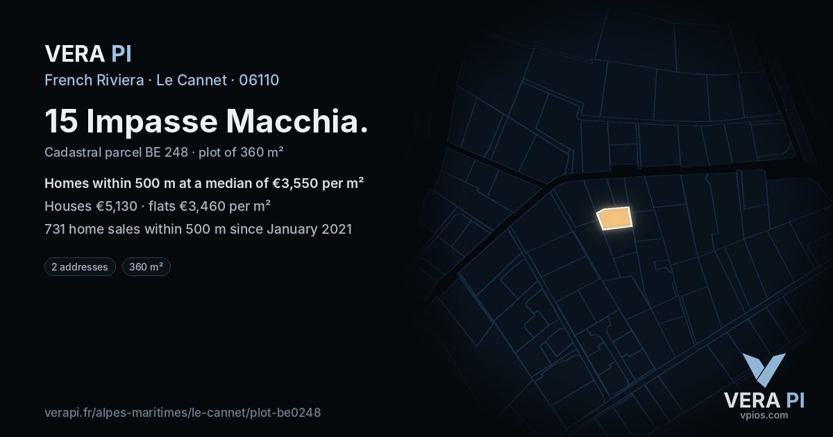 15 Impasse Macchia, Le Cannet at night – the plot lit, the parcels around coloured by the prices near them