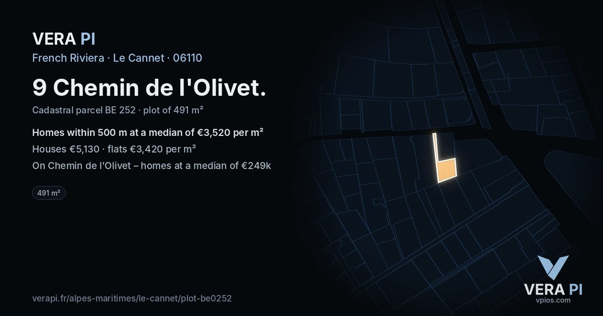 9 Chemin de l'Olivet, Le Cannet at night – the plot lit, the parcels around coloured by the prices near them