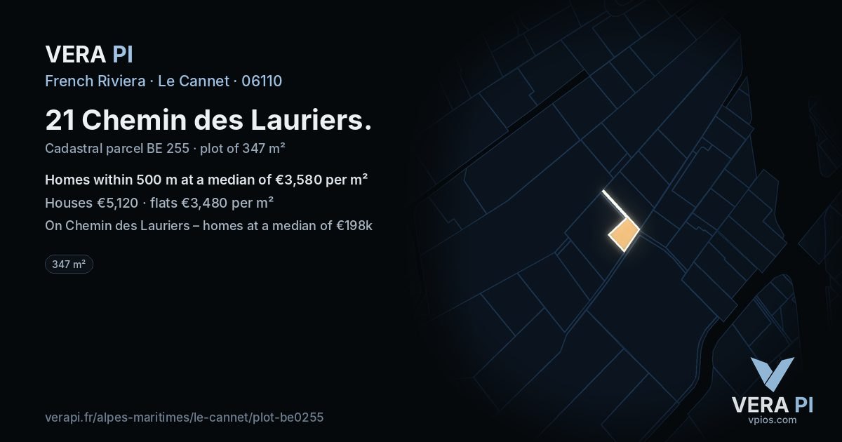 21 Chemin des Lauriers, Le Cannet at night – the plot lit, the parcels around coloured by the prices near them